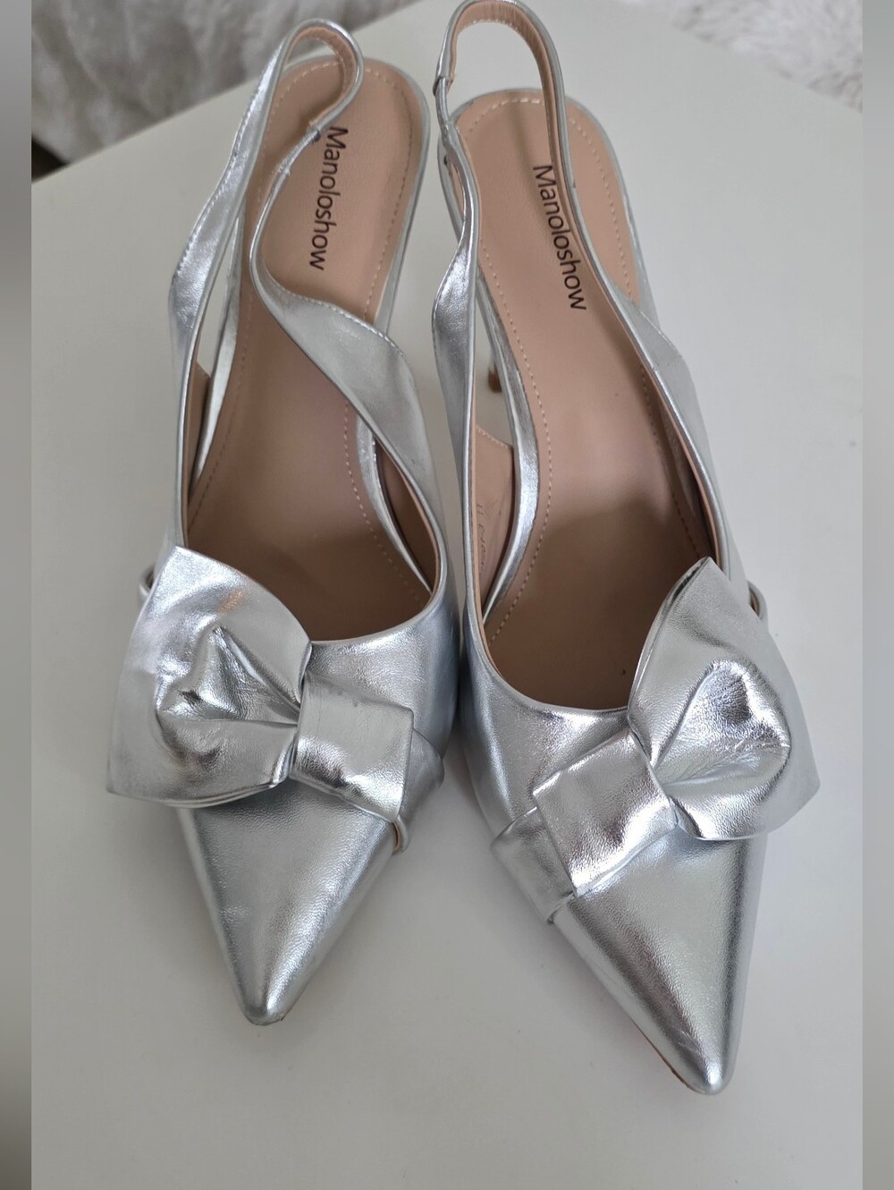 Silver Pointed Bow Slingback Heels